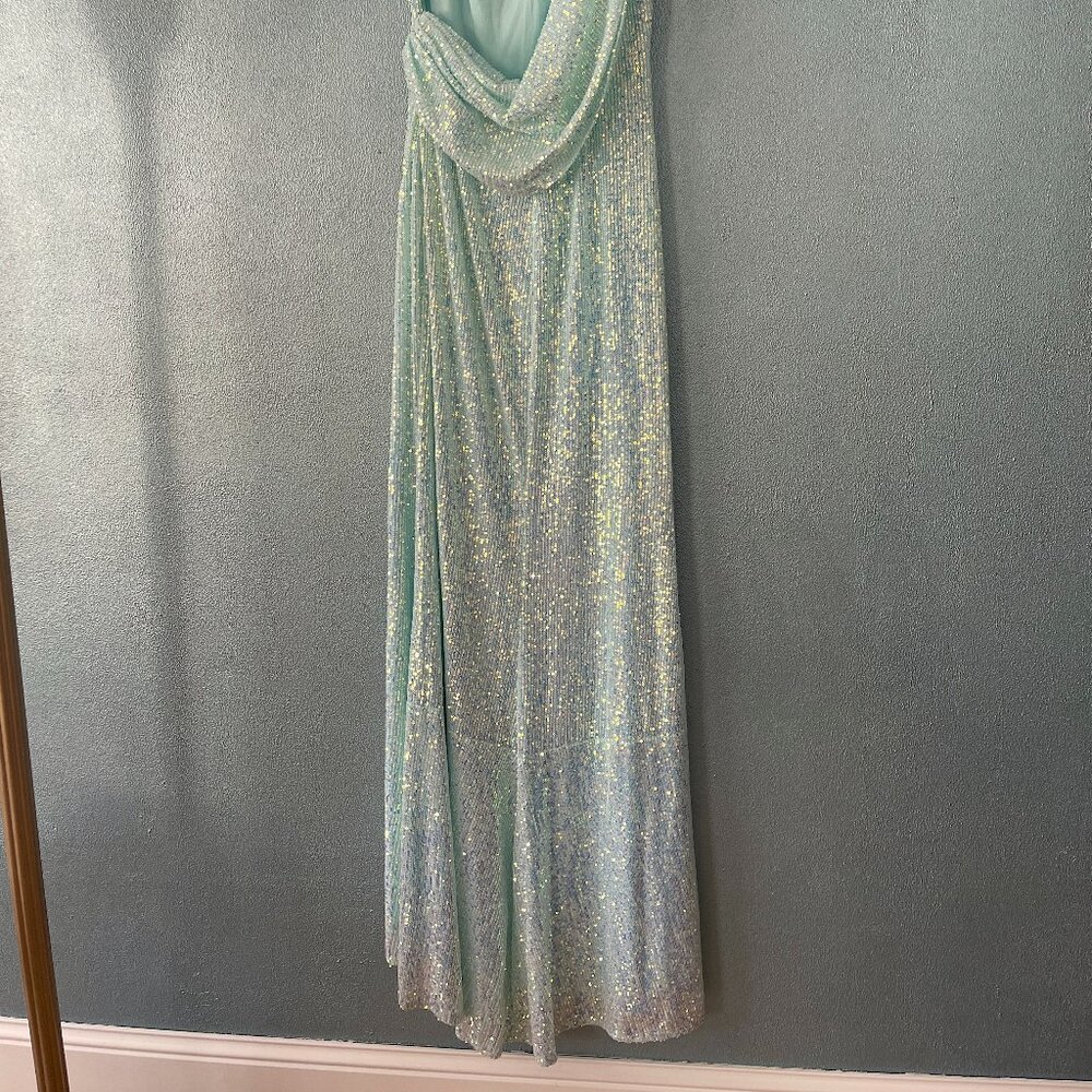 MAC DUGGAL IEENA FOR MAC DUGGAL SEQUINED ONE SHOULDER DRAPED BACK GOWN ICE BLUE - Picture 12 of 15